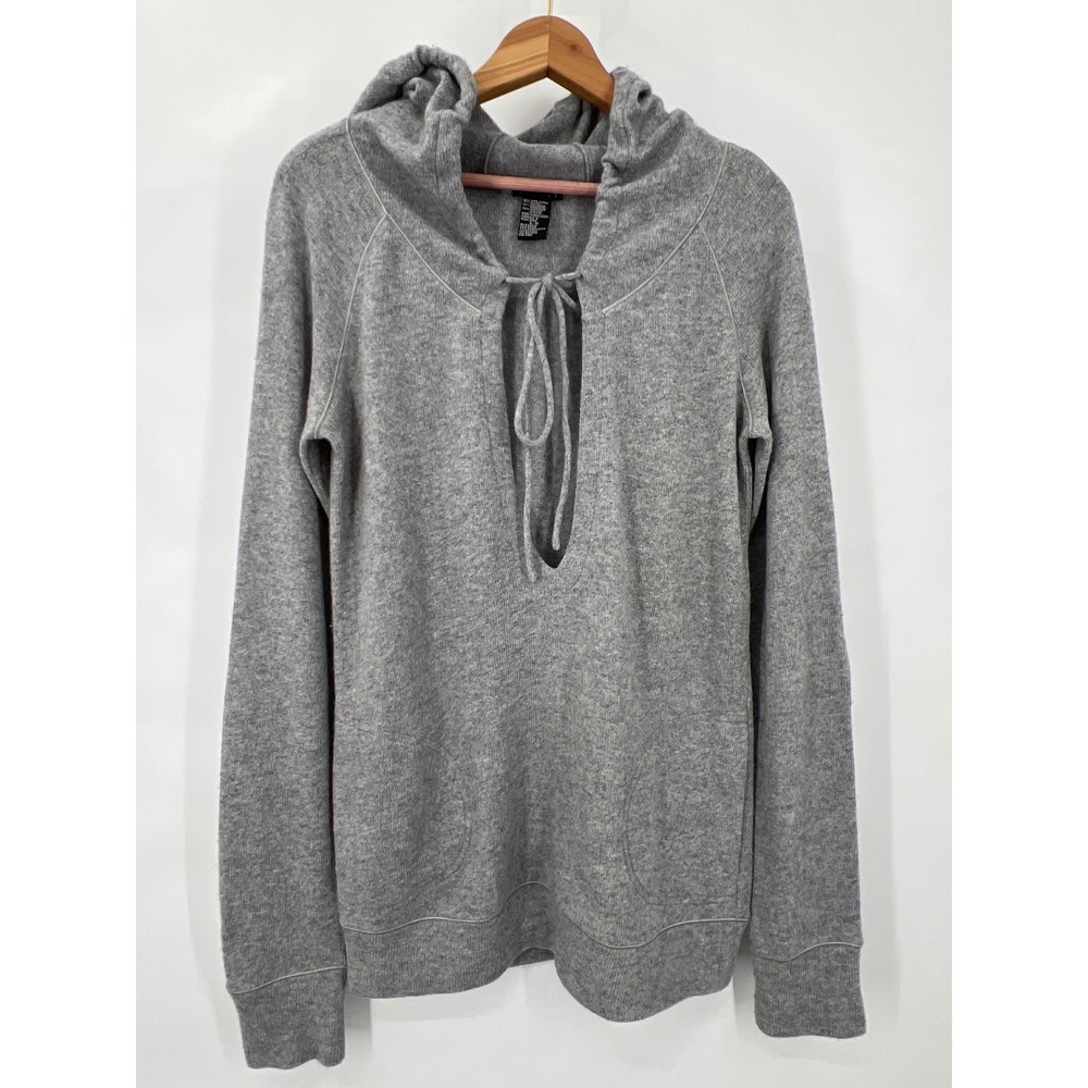 Theory Gray L Wool Cashmere Blend Tie Front Hoodie‎ V-Neck Sweater Quiet Luxury